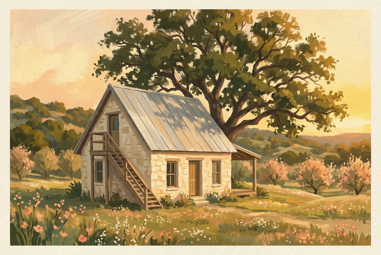 An illustration of a limestone Hill Country Sunday house with an exterior stair, under a sprawling live oak at golden hour
