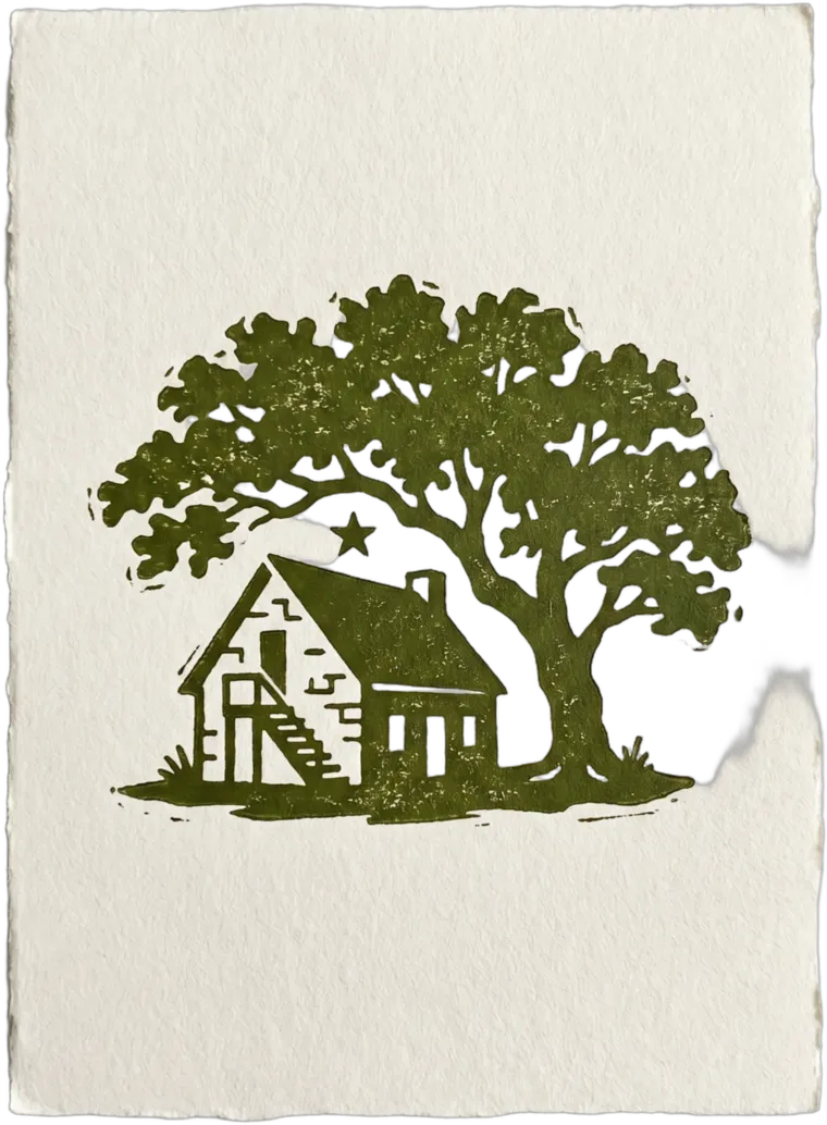 A green letterpress print of a small Sunday house beneath a live oak